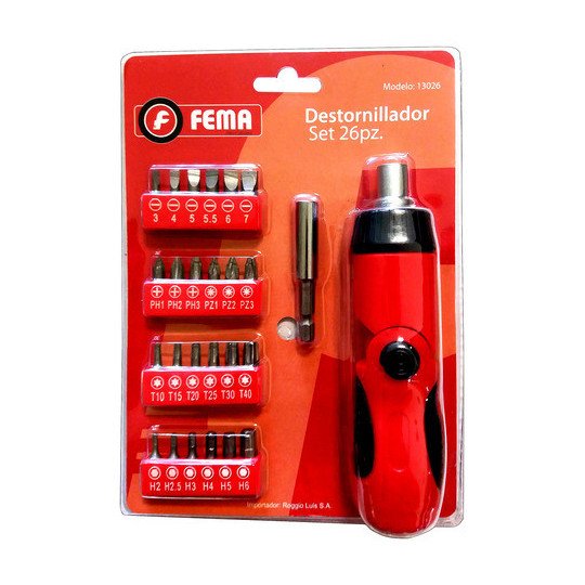Set Destornillador Con Crique Fema Kit 26 Puntas O Piezas