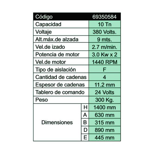 Aparejo Eléctrico Cadena 380v 10 Tn 9 Mts Control 24v Fema