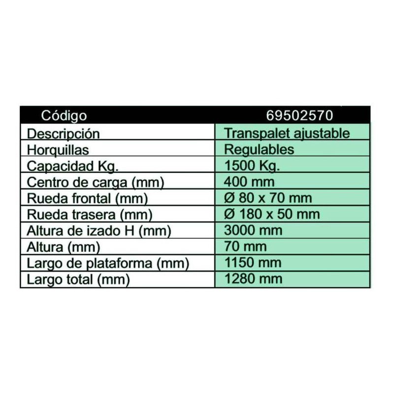 Apilador Transpalet Ajustable Fema 1500 kg Altura Izado 3 Mts