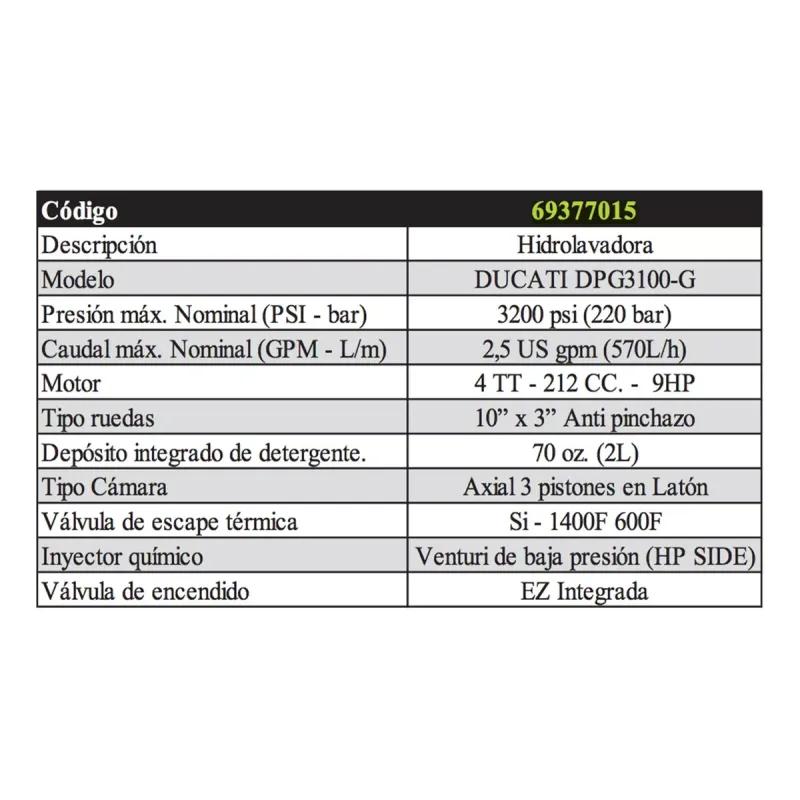 Hidrolavadora Profesional 3100 PSI-213 Bar 5,7 L/m- Motor 5,5 HP-4TT Nafta Marca Ducati