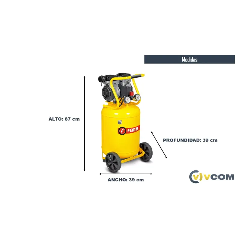 Compresor de aire vertical libre de aceite silencioso 50 lts 1,3hp marca Fema