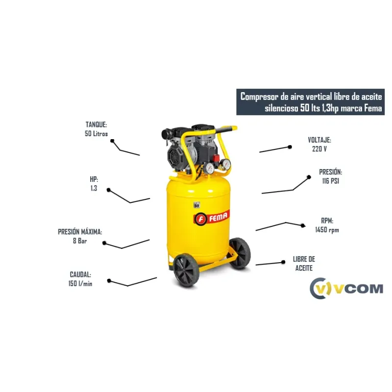 Compresor de aire vertical libre de aceite silencioso 50 lts 1,3hp marca Fema