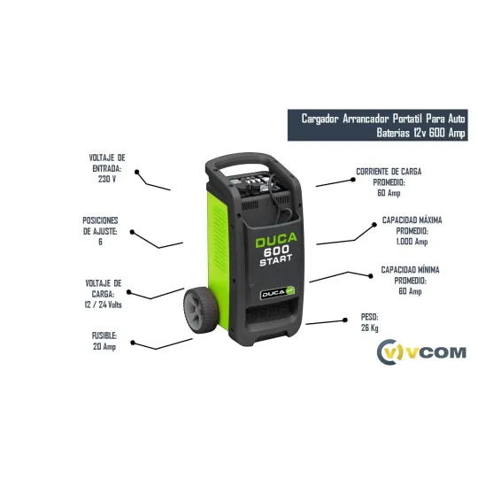 Cargador arrancador portatil para auto baterias 12v 600 Amp
