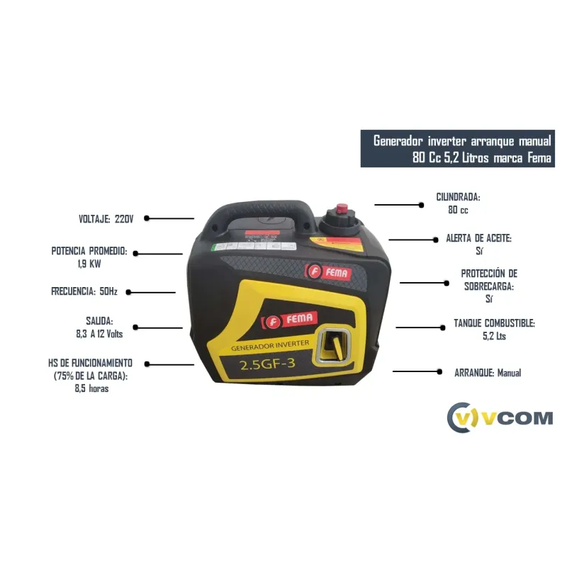 Generador inverter arranque manual 80 Cc 5,2 Litros marca Fema