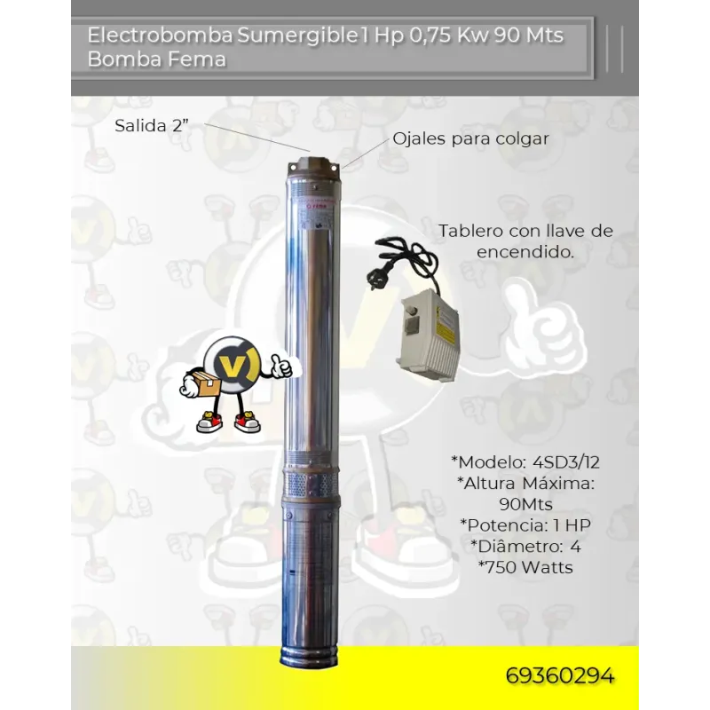 Electrobomba Sumergible 1 Hp 0,75 Kw 90 Mts Bomba Fema