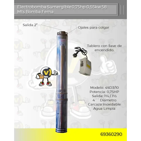 Electrobomba Sumergible 0,75hp 0,55kw 58 Mts Bomba Fema Electrobomba Sumergible 0,75hp 0,55kw 58 Mts Bomba Fema